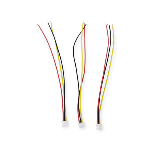 Three 1.25mm 3-pin JST connector pigtail wires with red, black, and yellow leads on a white background.