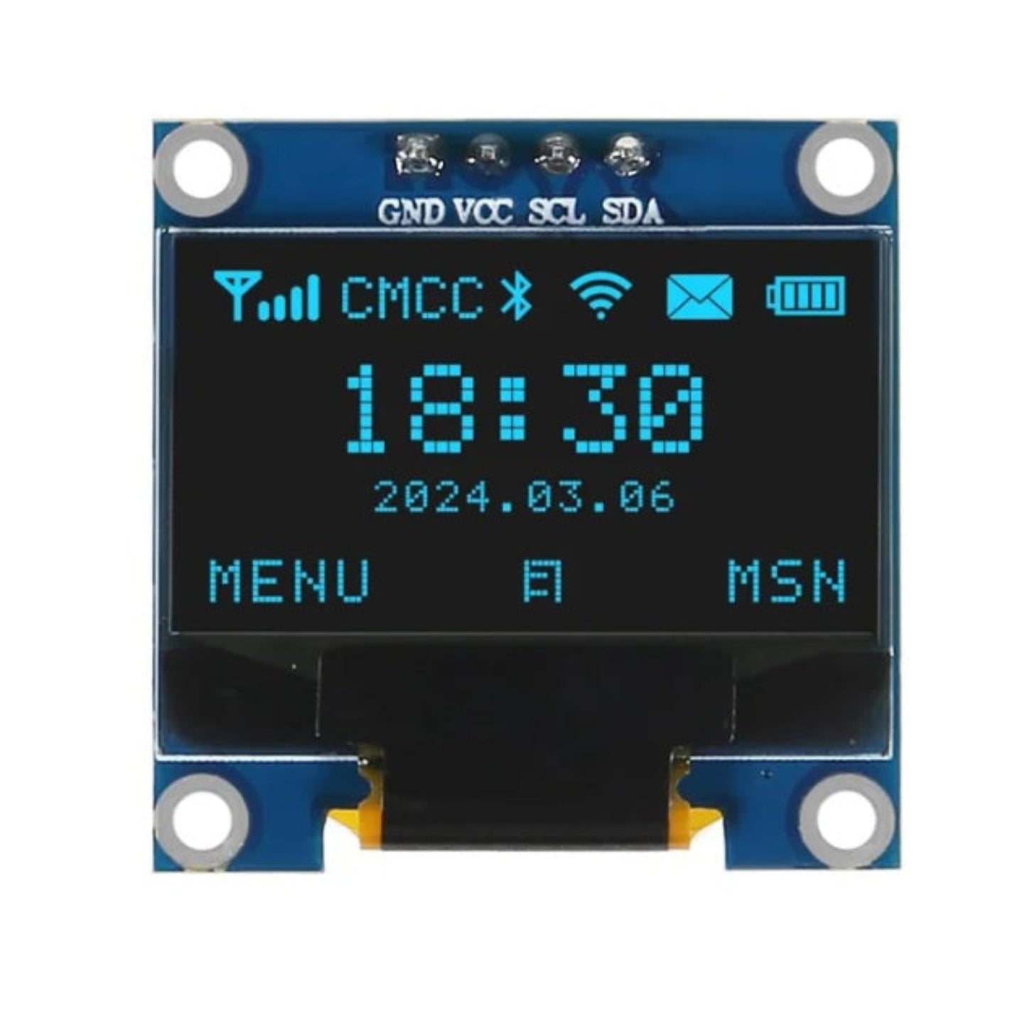 Front view of 1.3 inch OLED display module with blue text showing time and status icons.