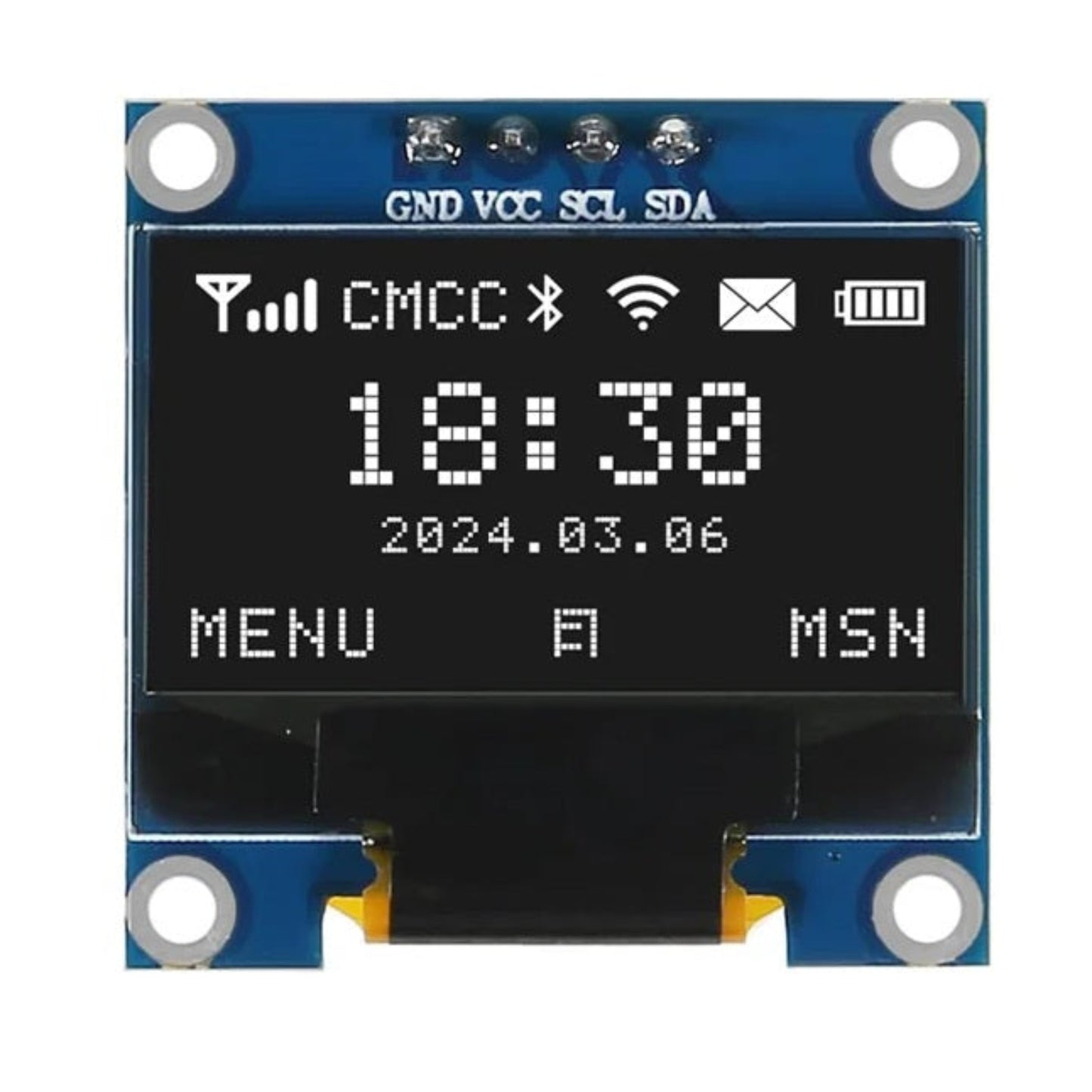 1.3 inch OLED screen displaying crisp white text on black background.