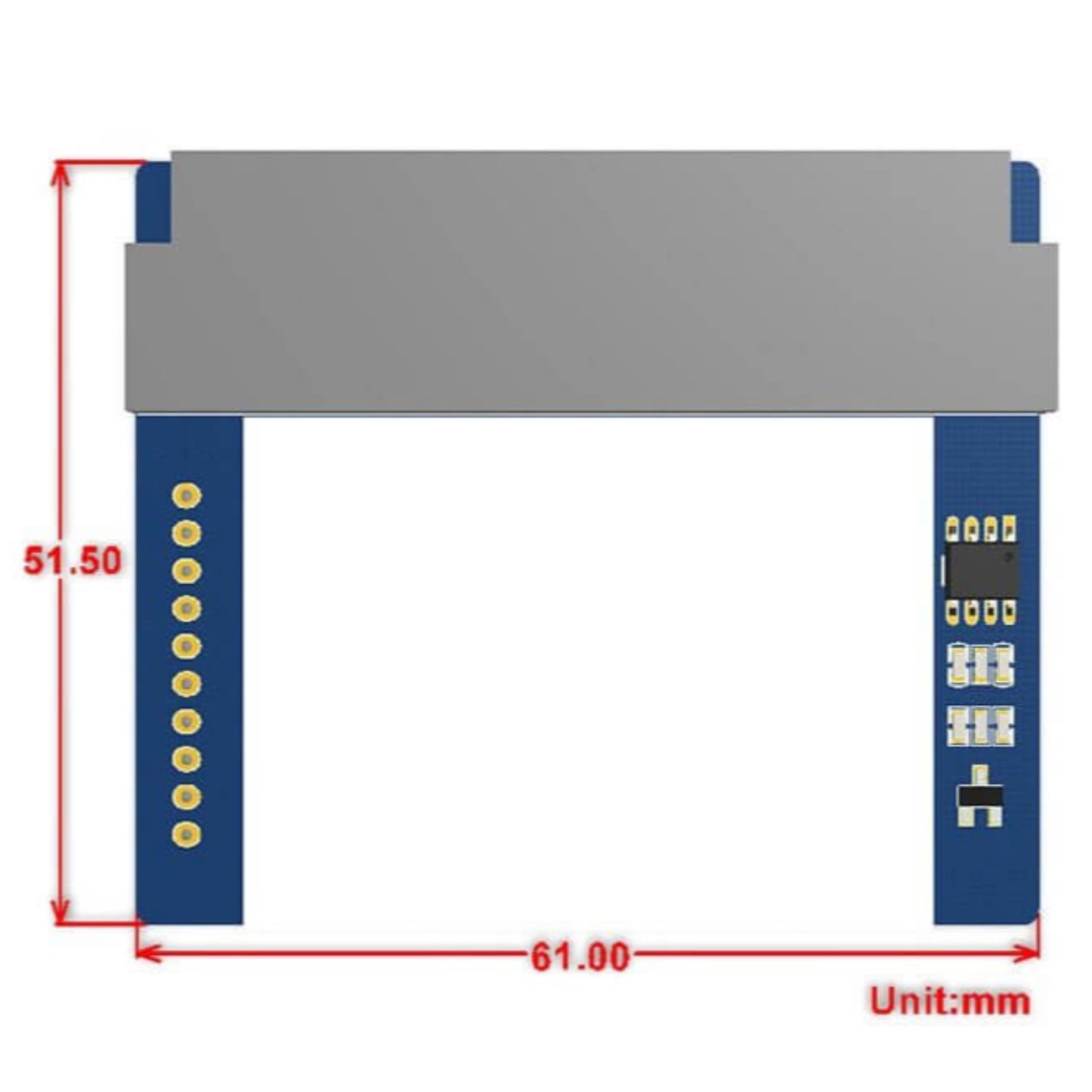 1.8-inch display module for micro:bit with detailed dimensions shown in mm, highlighting connector pins and layout.