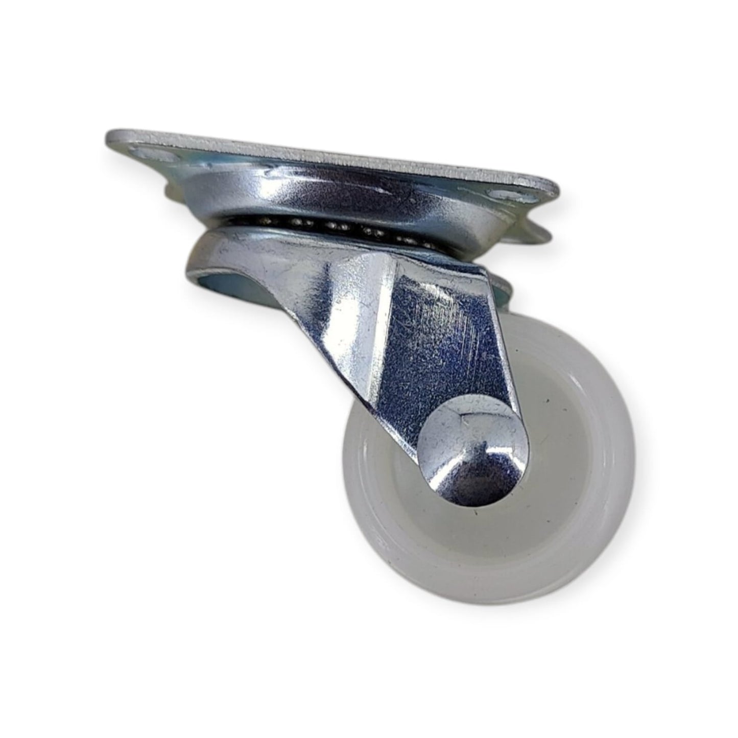 Close-up detail view of the 1-inch swivel caster's wheel and metal fork.