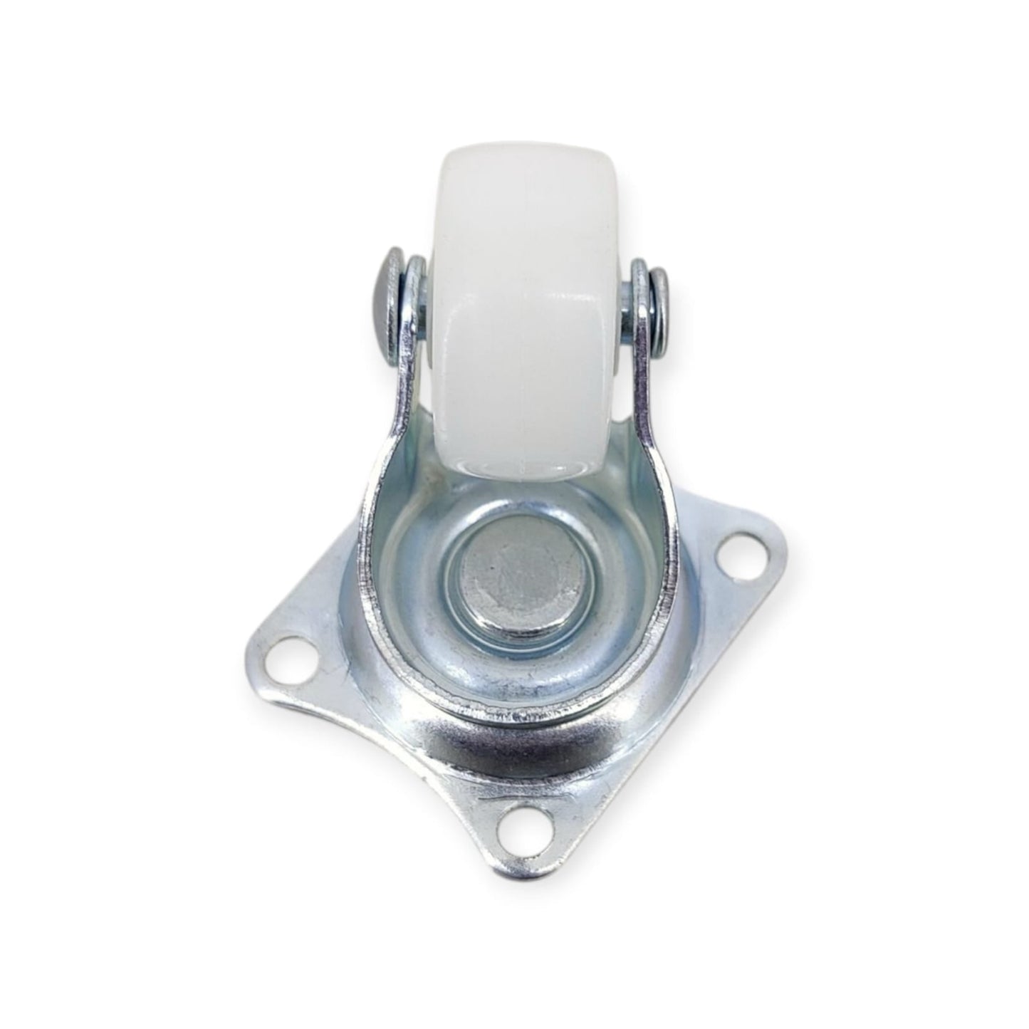 Front view of a 1-inch swivel caster with a white plastic wheel and square metal top plate.