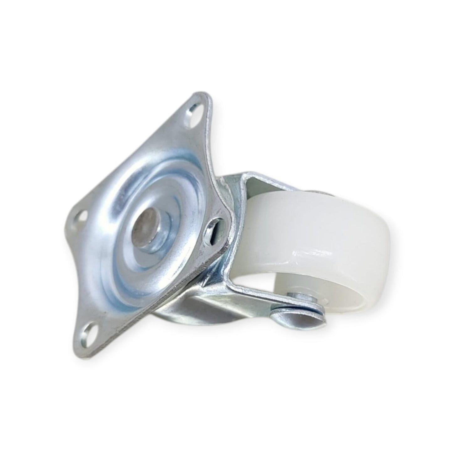 Side view of a 1-inch swivel caster showing the white wheel and steel mounting bracket.
