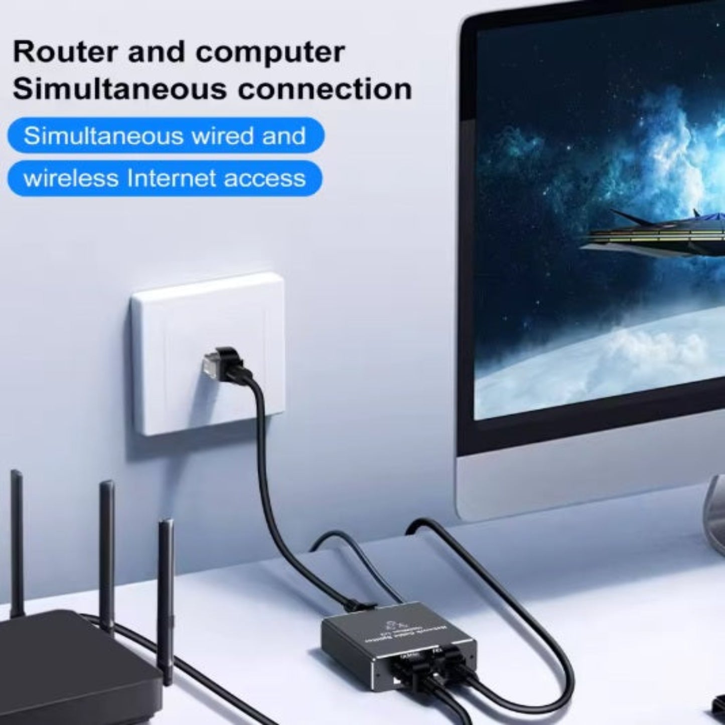A close-up of the RJ45 LAN ports on the splitter, showing the 1-to-2 design for connecting computers, hubs, and switches.