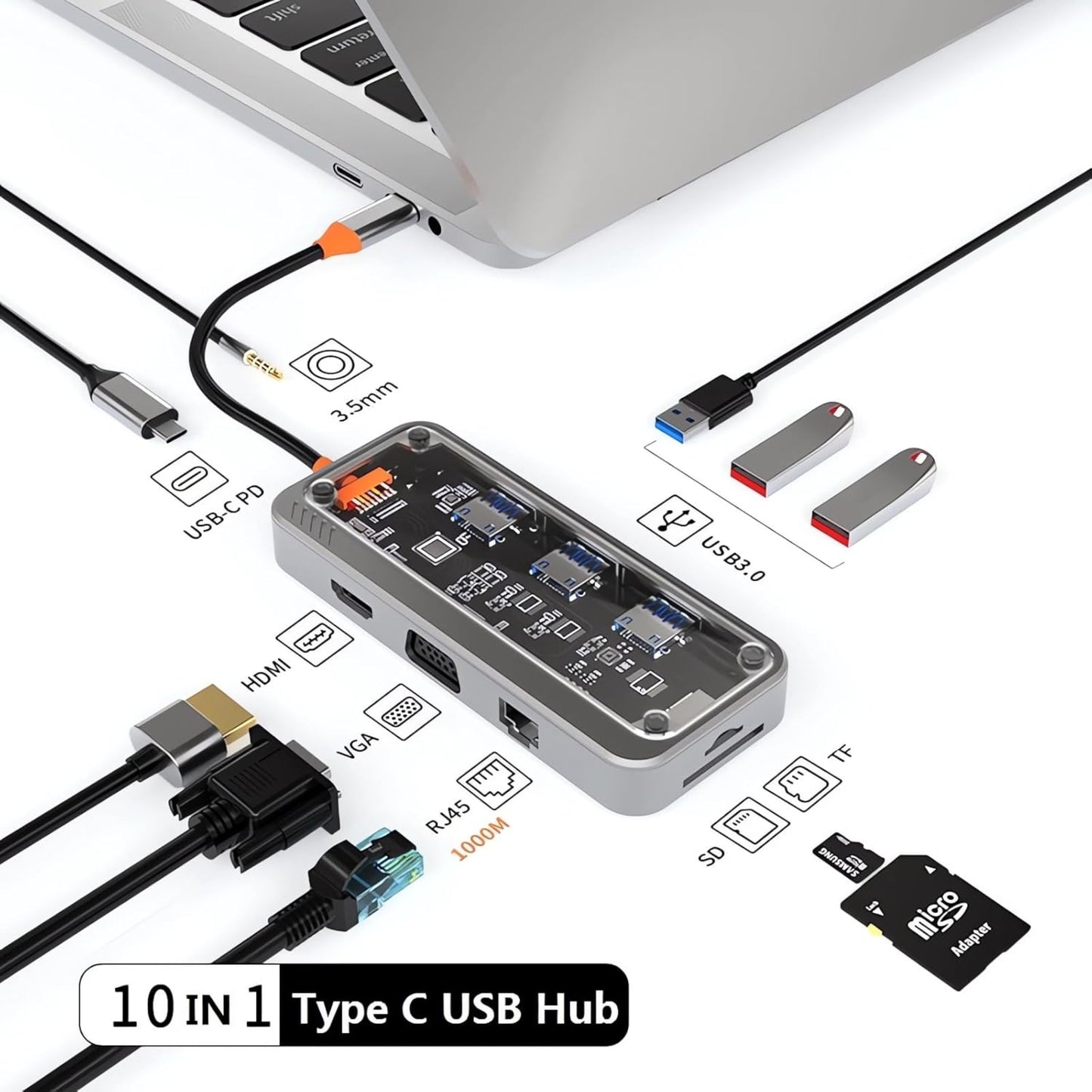 10-in-1 USB-C hub with multiple ports for HDMI, USB, Ethernet, and SD card connections.