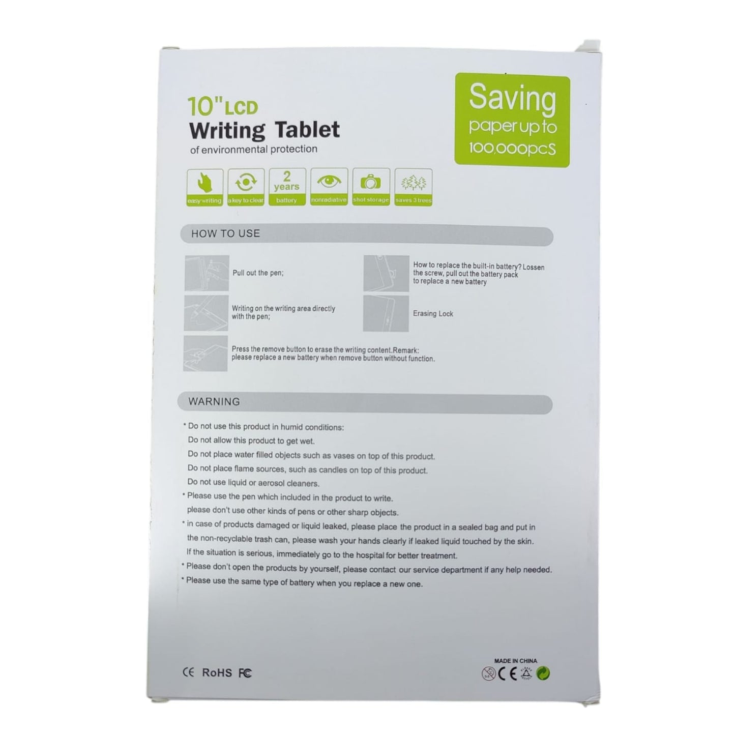 The back of the packaging for the 10-inch LCD writing tablet, listing features, how-to-use instructions, and warnings.