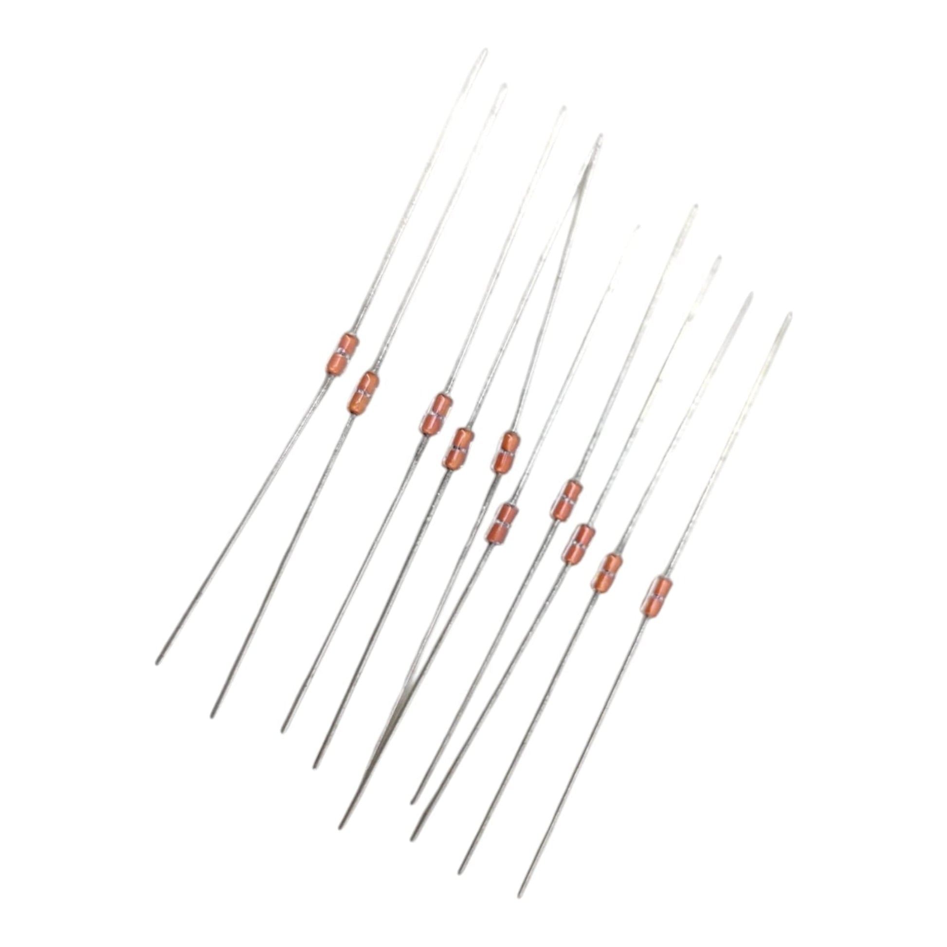 A pack of ten NTC glass-encapsulated thermistors with axial leads, available in 10k and 50k ohm options.