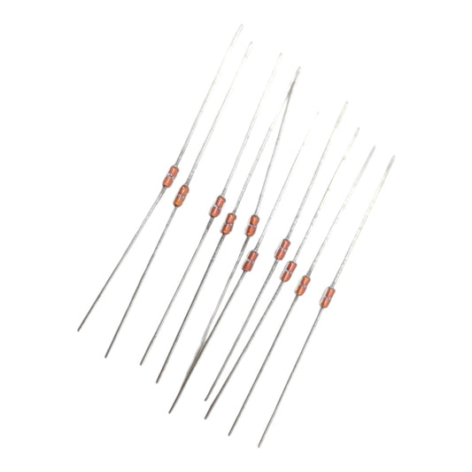 A pack of ten NTC glass-encapsulated thermistors with axial leads, available in 10k and 50k ohm options.