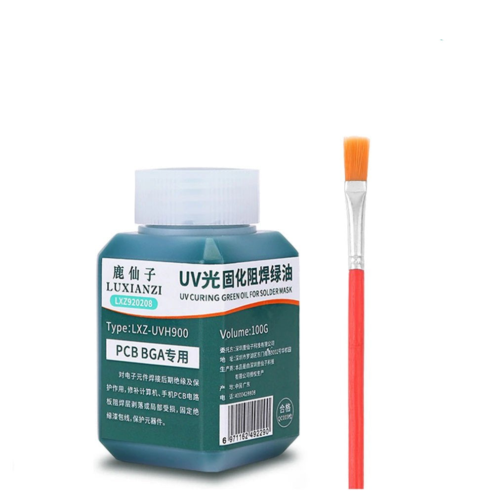 100g Green Oil UV Solder Mask with brush for PCB repair, corrosion protection, and insulation for electronics.