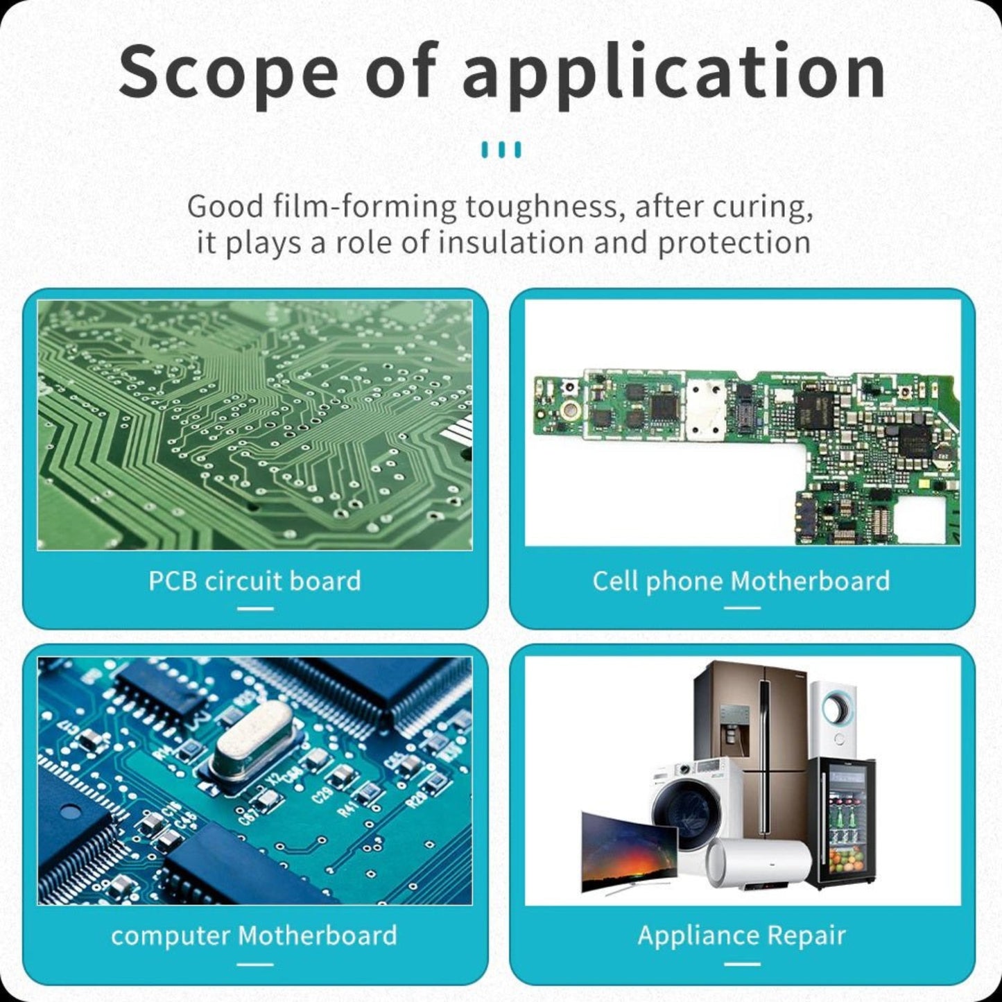 Scope of application for UV solder mask on PCB, cell phone motherboard, computer motherboard, and appliance repair.