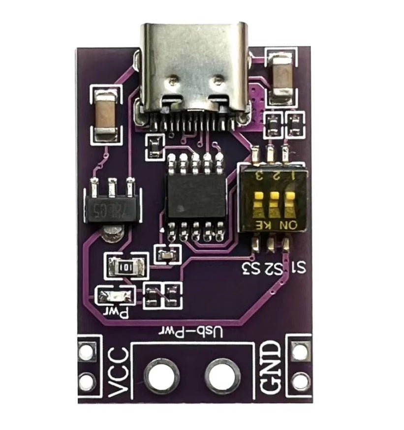 Type-C PD Trigger Module with QC and AFC support, featuring USB-C connector and circuit components for fast charging.