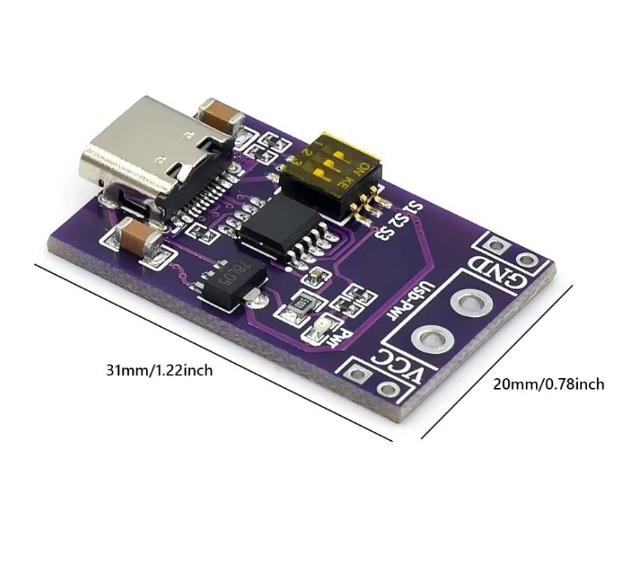 Type-C PD Trigger Module PCB with USB connector and dimensions display for fast charge support.