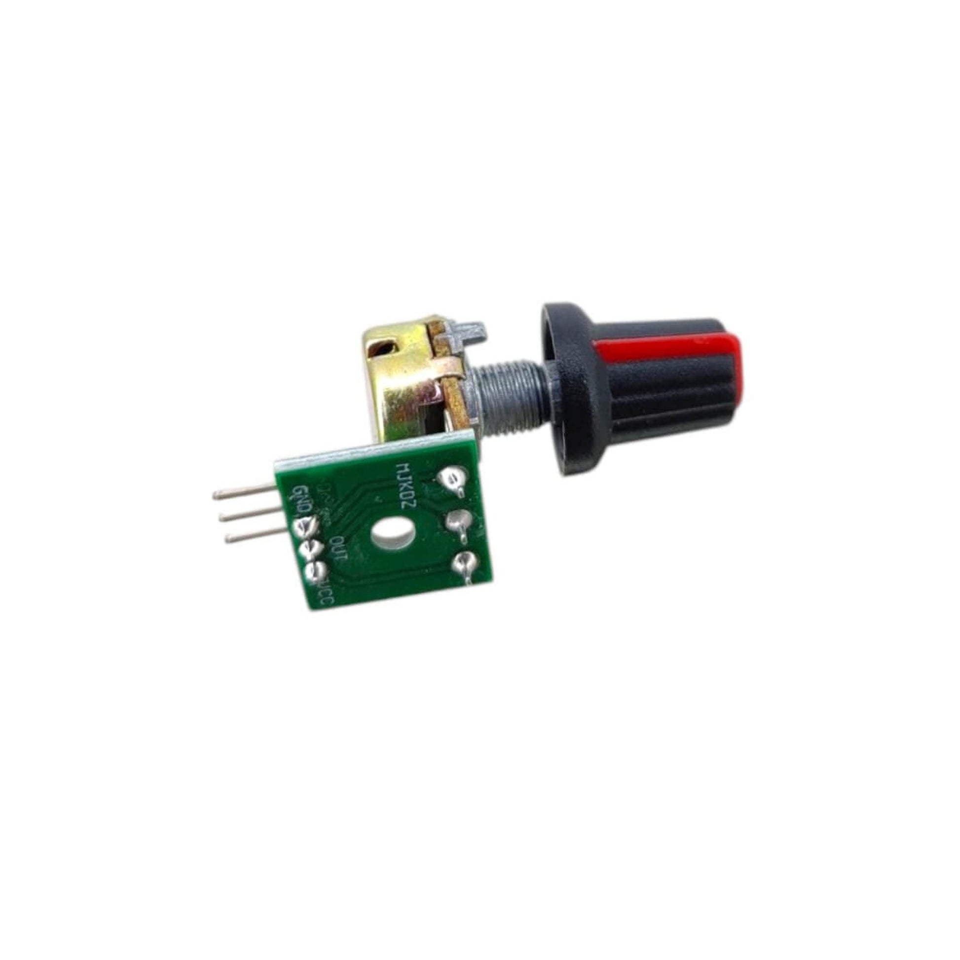 10k adjustable resistor module with rotary potentiometer, green circuit board, and labeled pins for electronics projects.