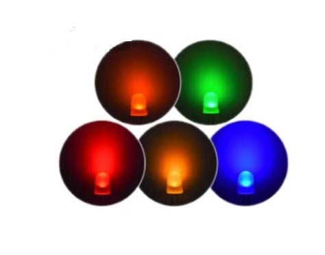 Five 10mm round LED diodes in red, yellow, green, blue, and orange colors for electronic projects.