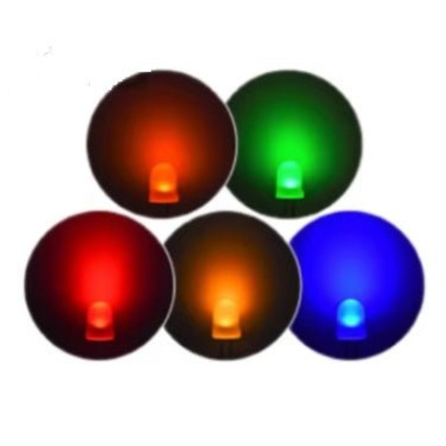Five 10mm round LED diodes in red, yellow, green, blue, and orange colors for electronic projects.