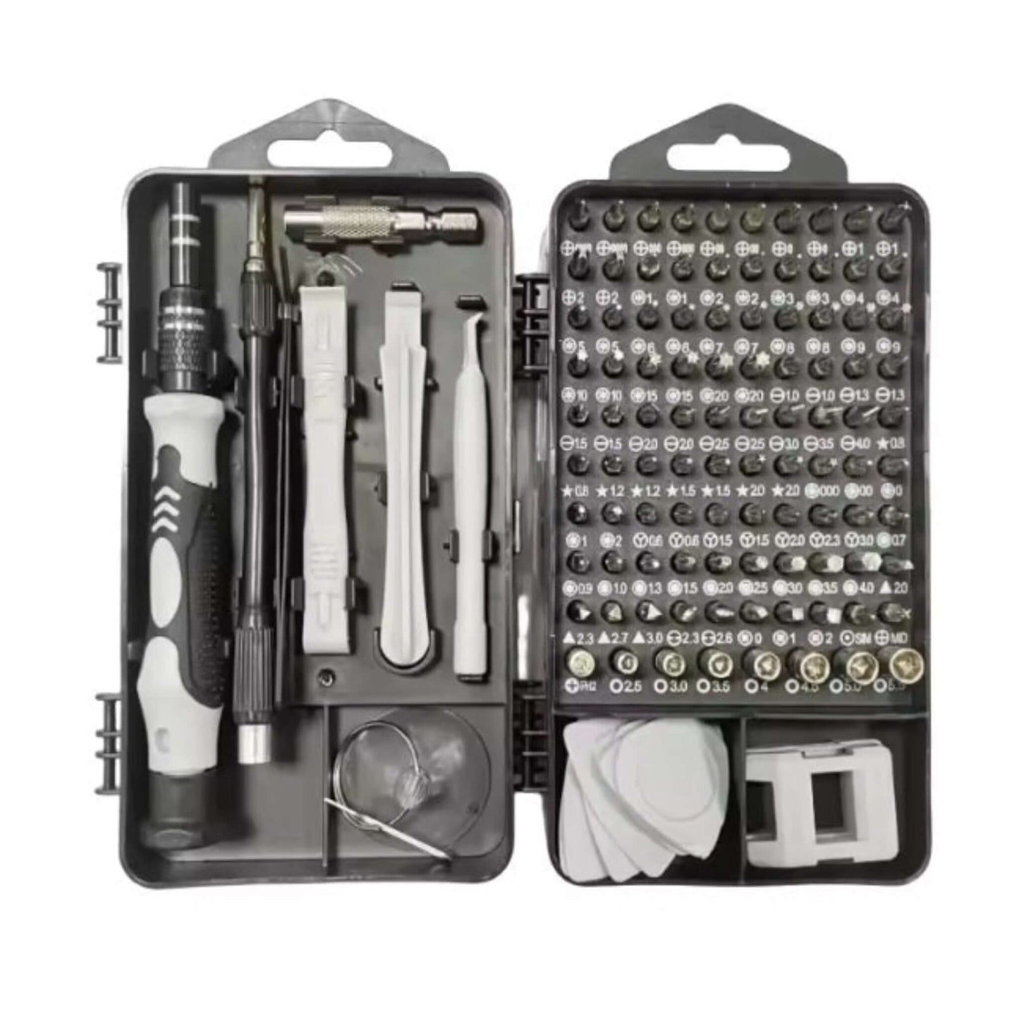 115-in-1 Precision Screwdriver Set with various bits and tools for electronics repair in a compact storage case.