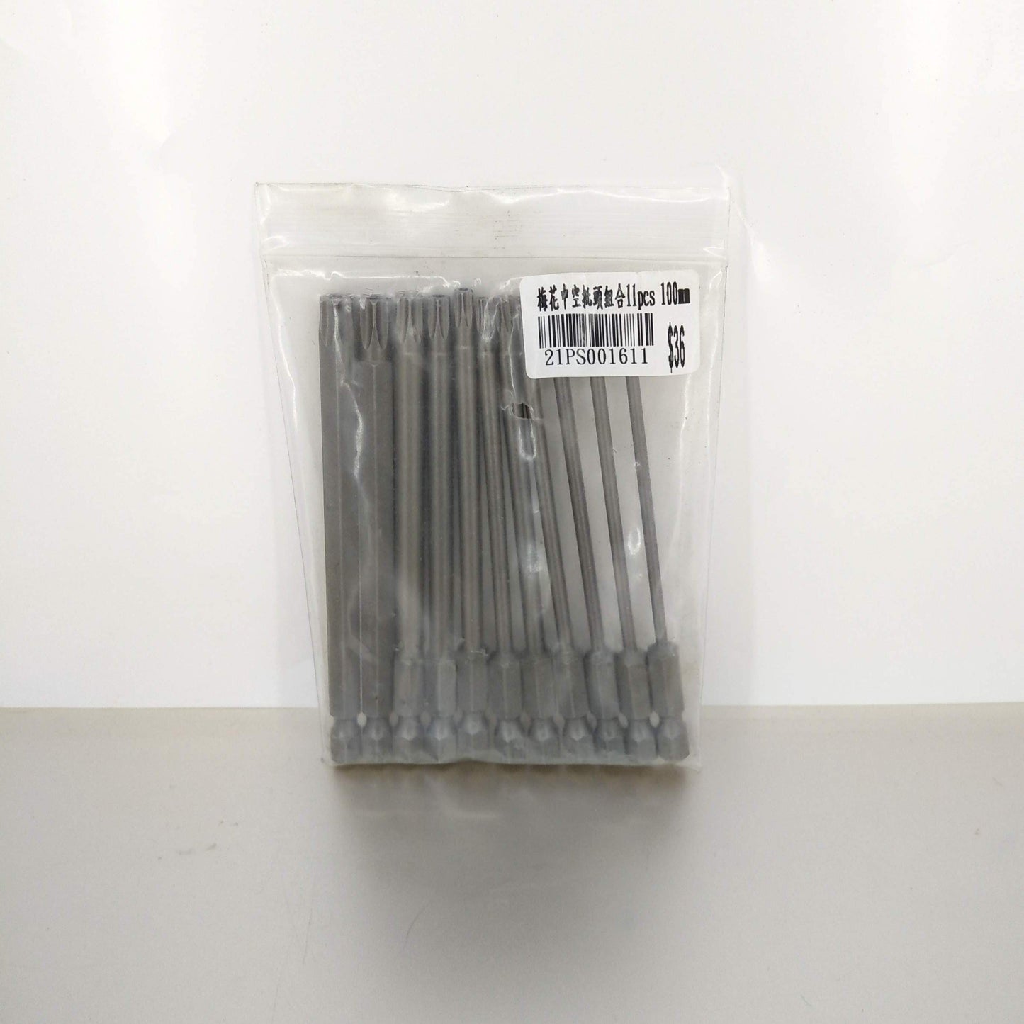 A set of 11 long security Torx screwdriver bits shown inside a clear plastic retail package.