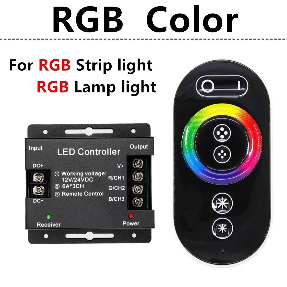 RGB LED controller and touch remote for strip and lamp lights, compatible with 12V/24V DC power.