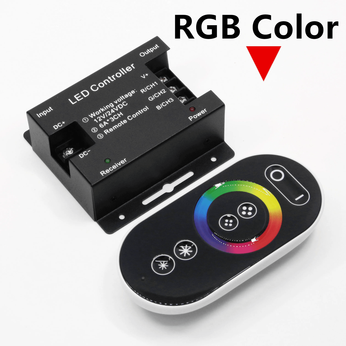 12V/24V RGB LED Controller with touch remote, adjustable colors and RF control for flexible light strips.