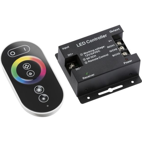 RGB LED controller with touch remote for 12V/24V lighting systems, featuring 3-channel control and RF capabilities.