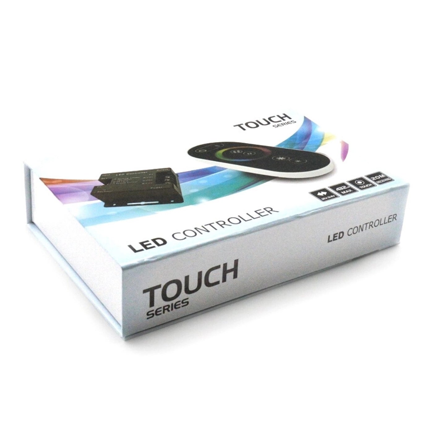 12/24V RGB LED dimmer controller packaging with touch remote, designed for flexible LED lighting systems.