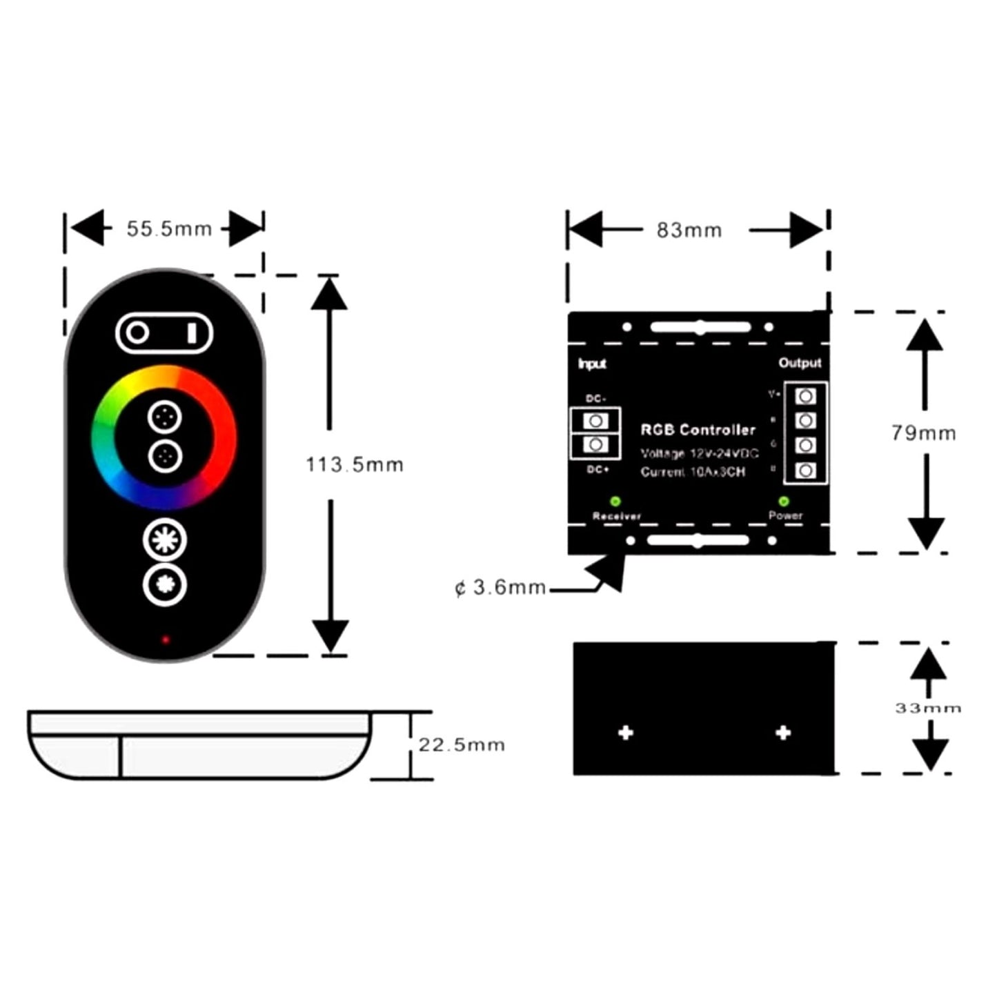 Dimensions and layout of 12/24V RGB Dimmer RF LED Flex Controller with Touch Remote for easy installation.