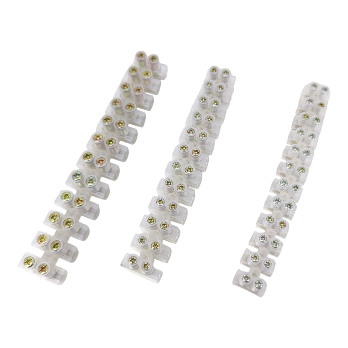 Three 12-position dual row screw terminal block strips in 5A, 10A, and 20A sizes.