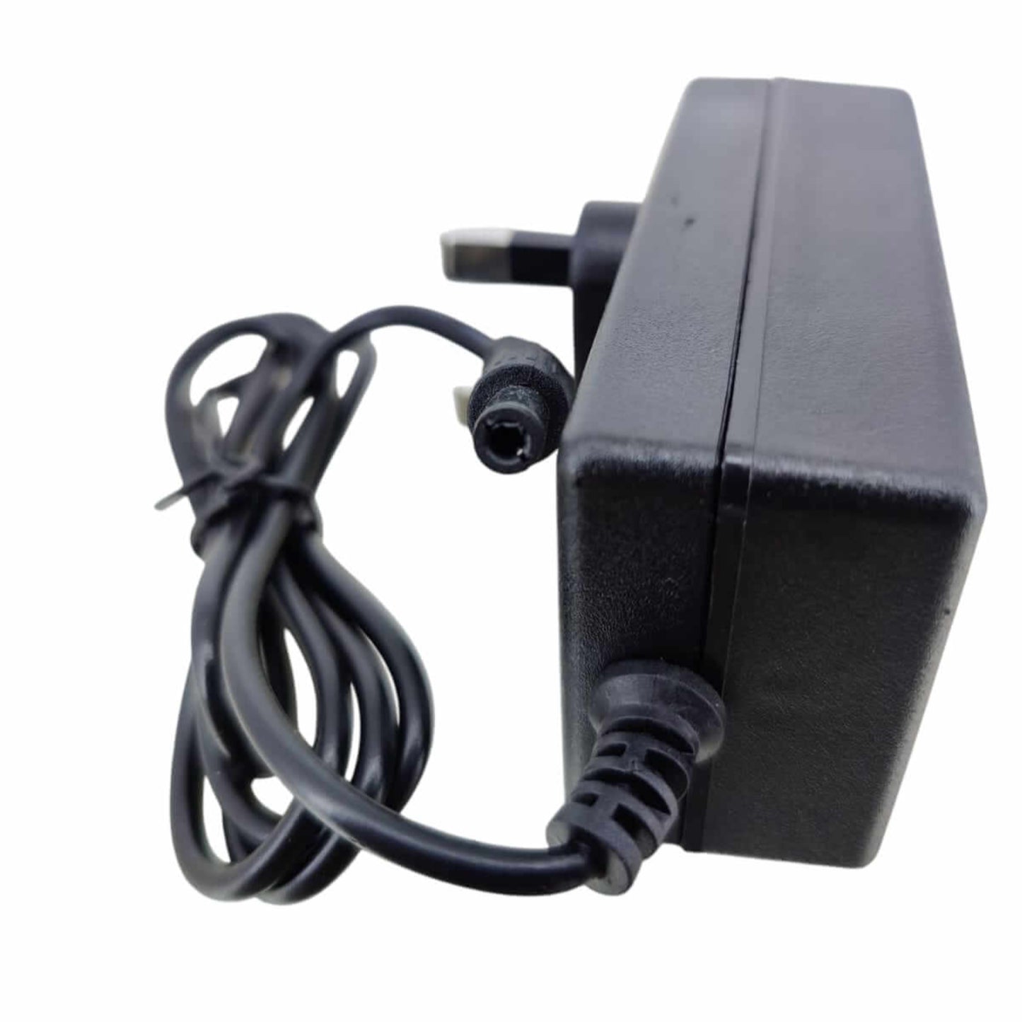 12.6V 2A Li-ion battery charger with UK plug and 5.5x2.1mm DC output for efficient charging.