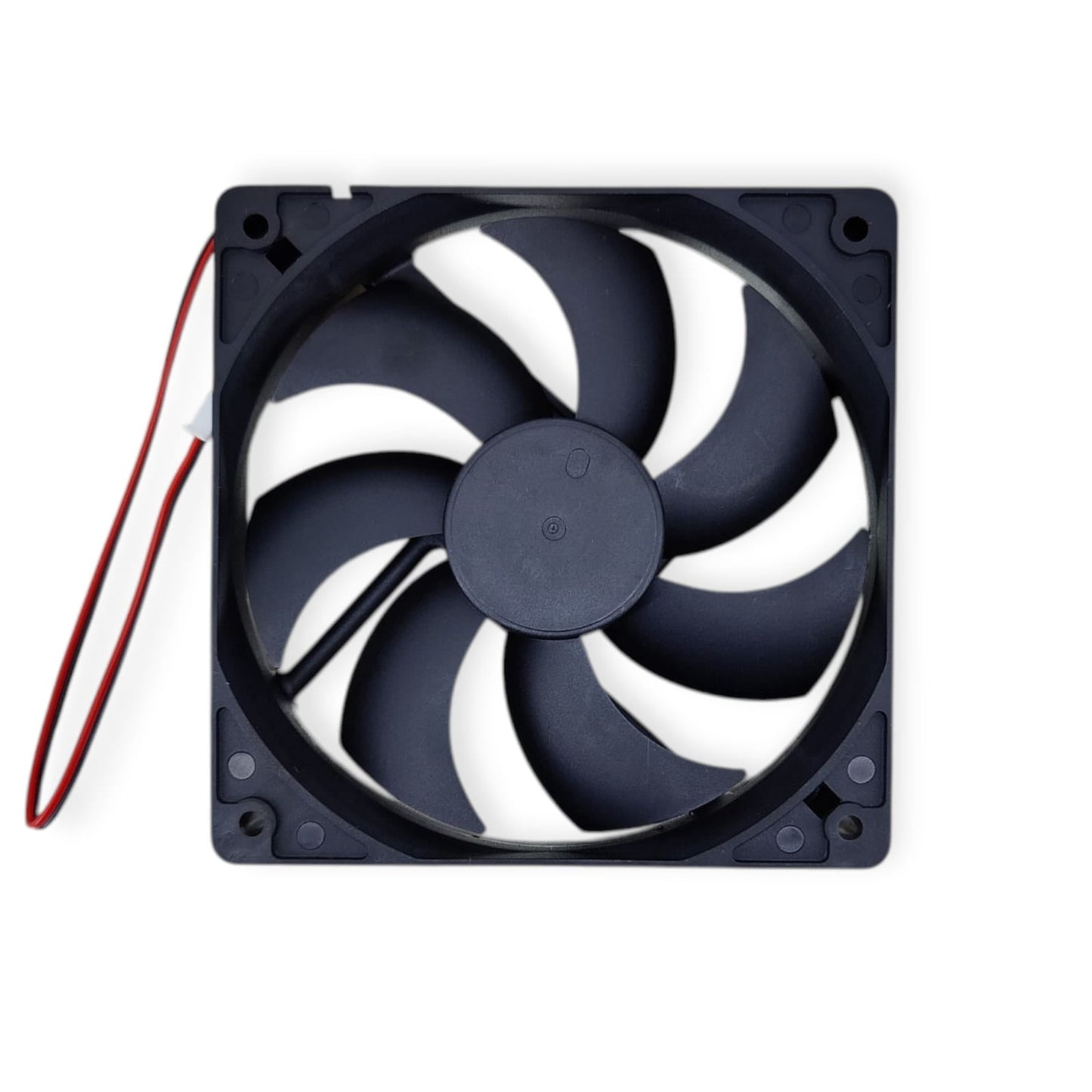 Front view of a 120mm black case fan with 7 curved blades and a black frame.
