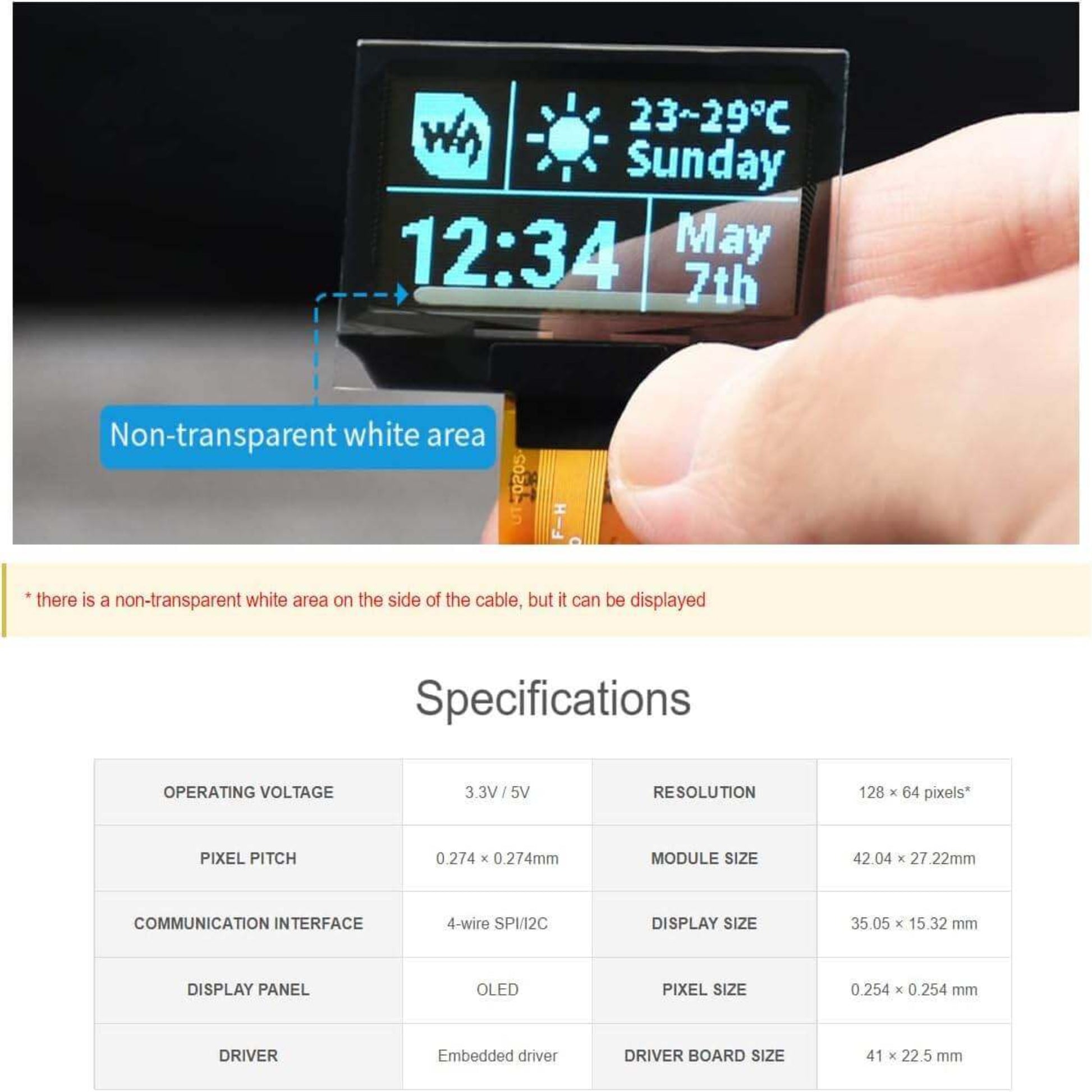 Close-up of the 128x64 transparent OLED showing time and temperature display, along with module specifications.