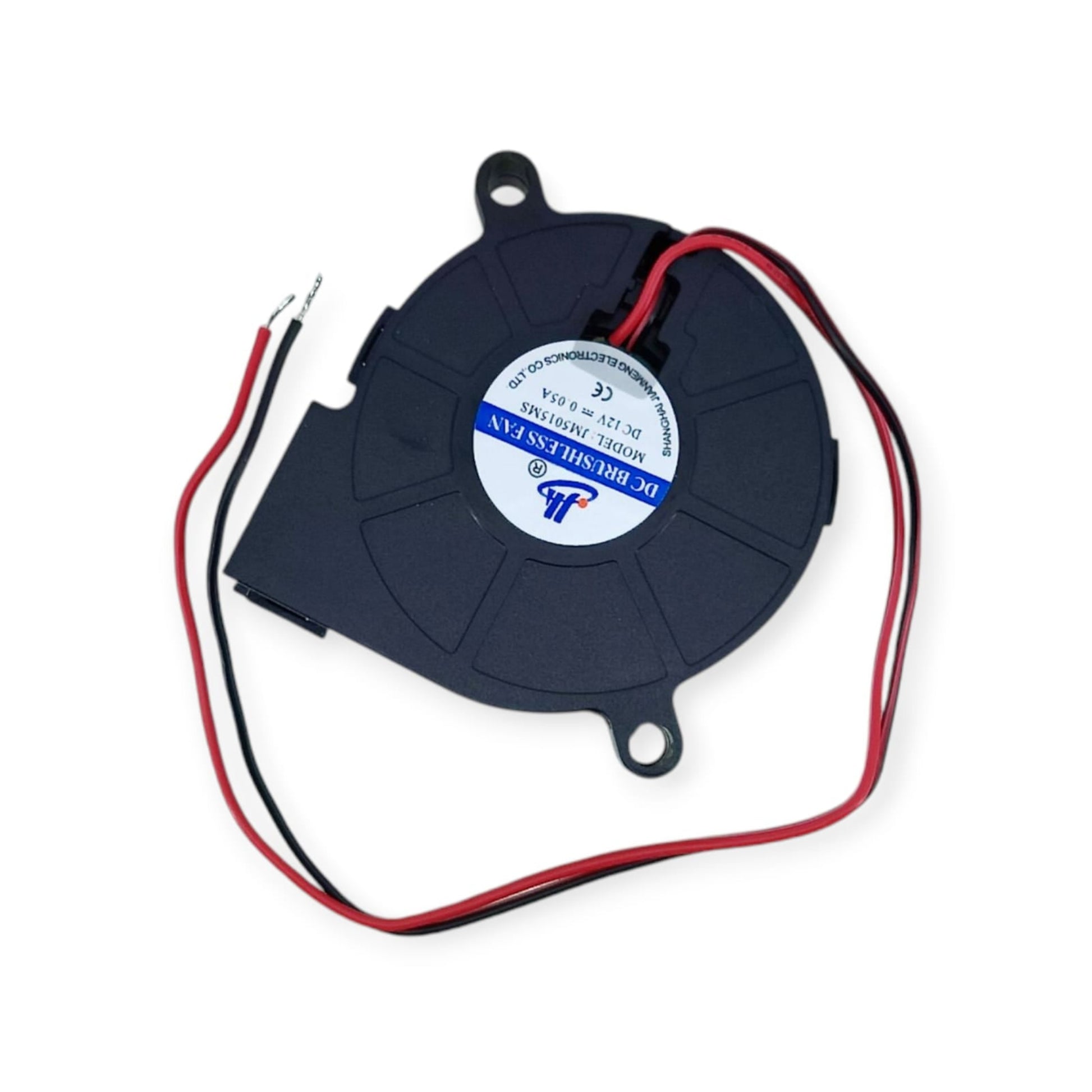 Top-down view of a 12V 5015 DC brushless blower fan (model JM5015MS) with red and black wires.