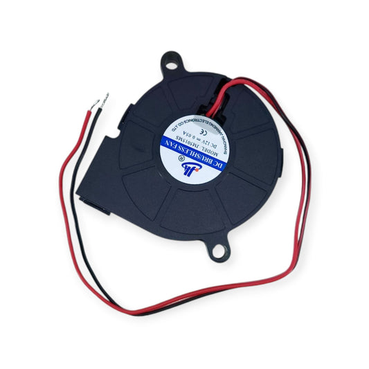 Top-down view of a 12V 5015 DC brushless blower fan (model JM5015MS) with red and black wires.