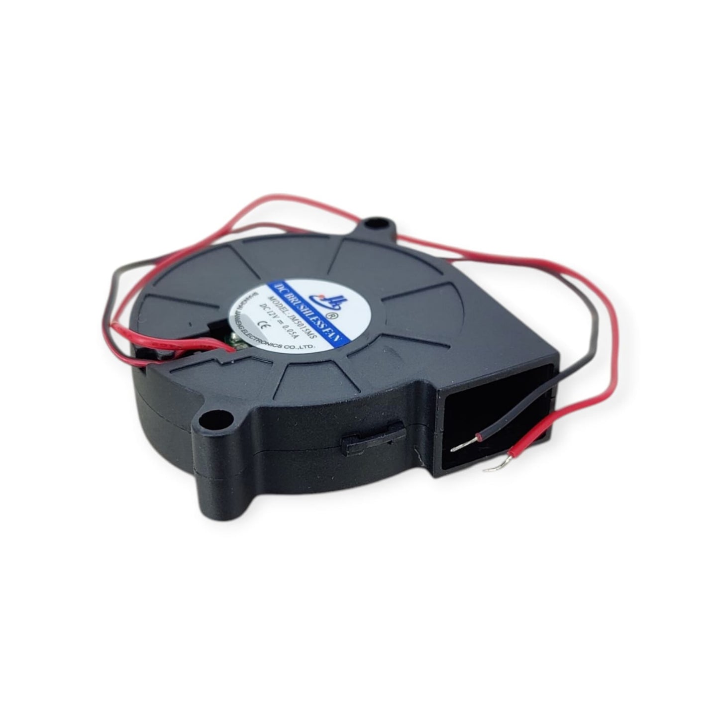 Side profile of a 12V 5015 snail blower fan, showing the rectangular air outlet.