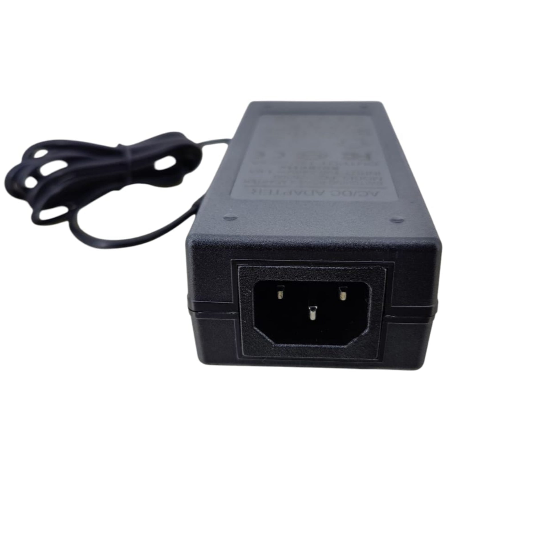 12V 5A universal AC/DC power adapter with 5.5x2.5mm plug and power cable, front view showing input port.