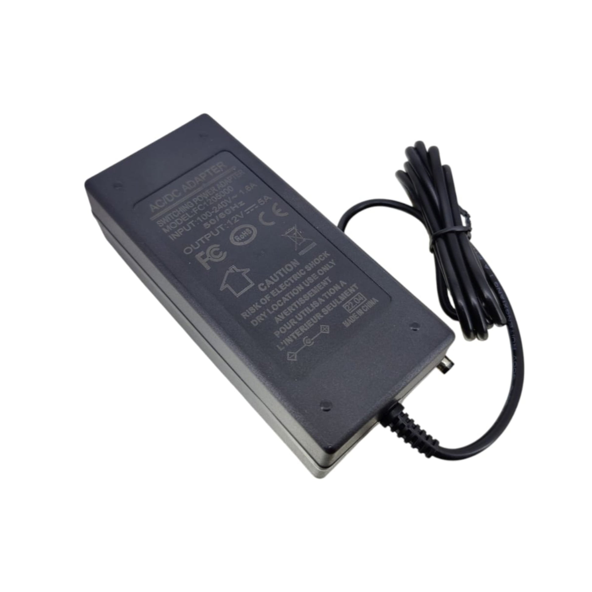 12V 5A Universal AC/DC Power Adapter with 5.5x2.5mm DC plug and power cord, perfect for reliable device charging.