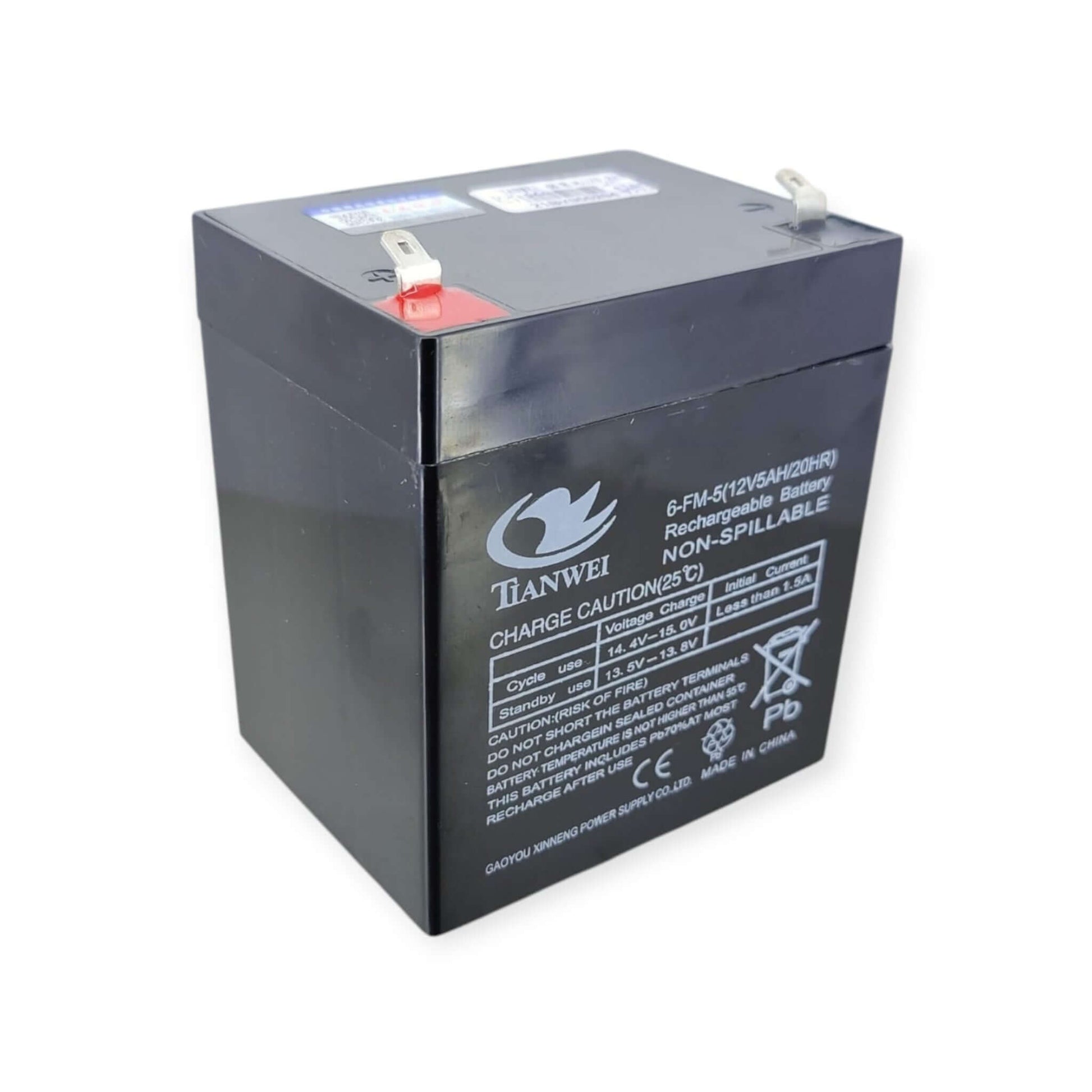 Tianwei 6-FM-5 (12V5AH/20HR) non-spillable rechargeable battery with charge specifications.