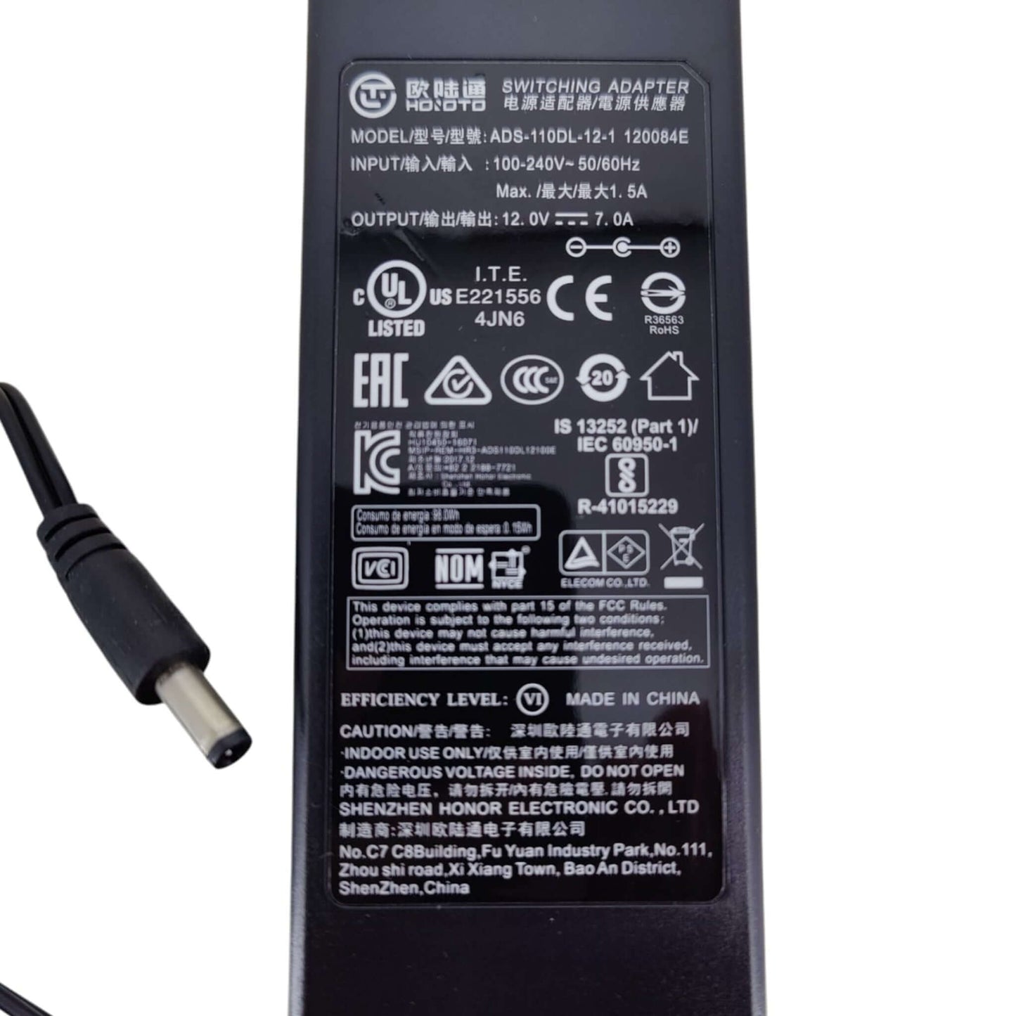 Close up of Honor ADS-110DL-12-1 specification label with UL certification.