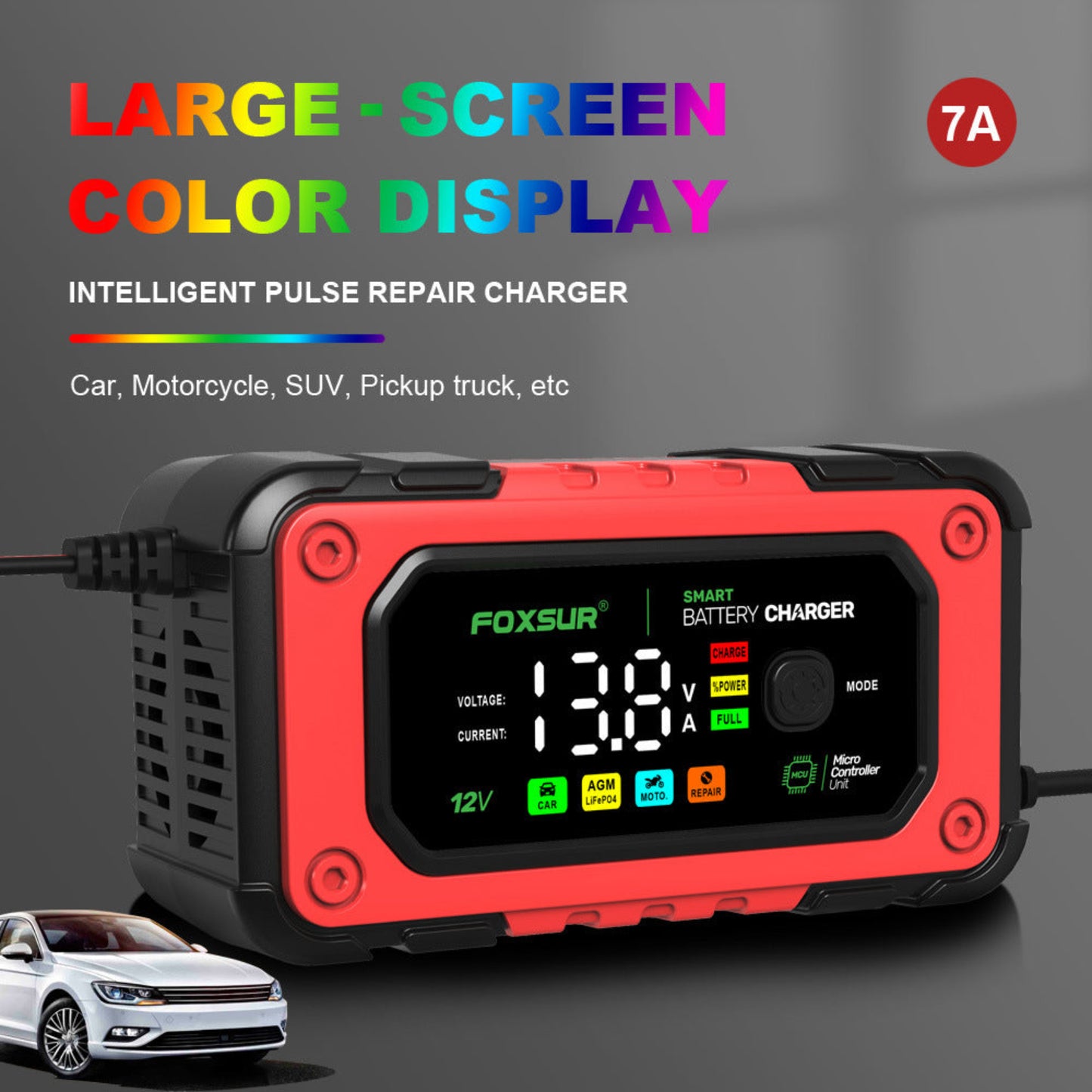Red battery charger with digital display on a dark background, featuring the brand 'FOXSUR'.