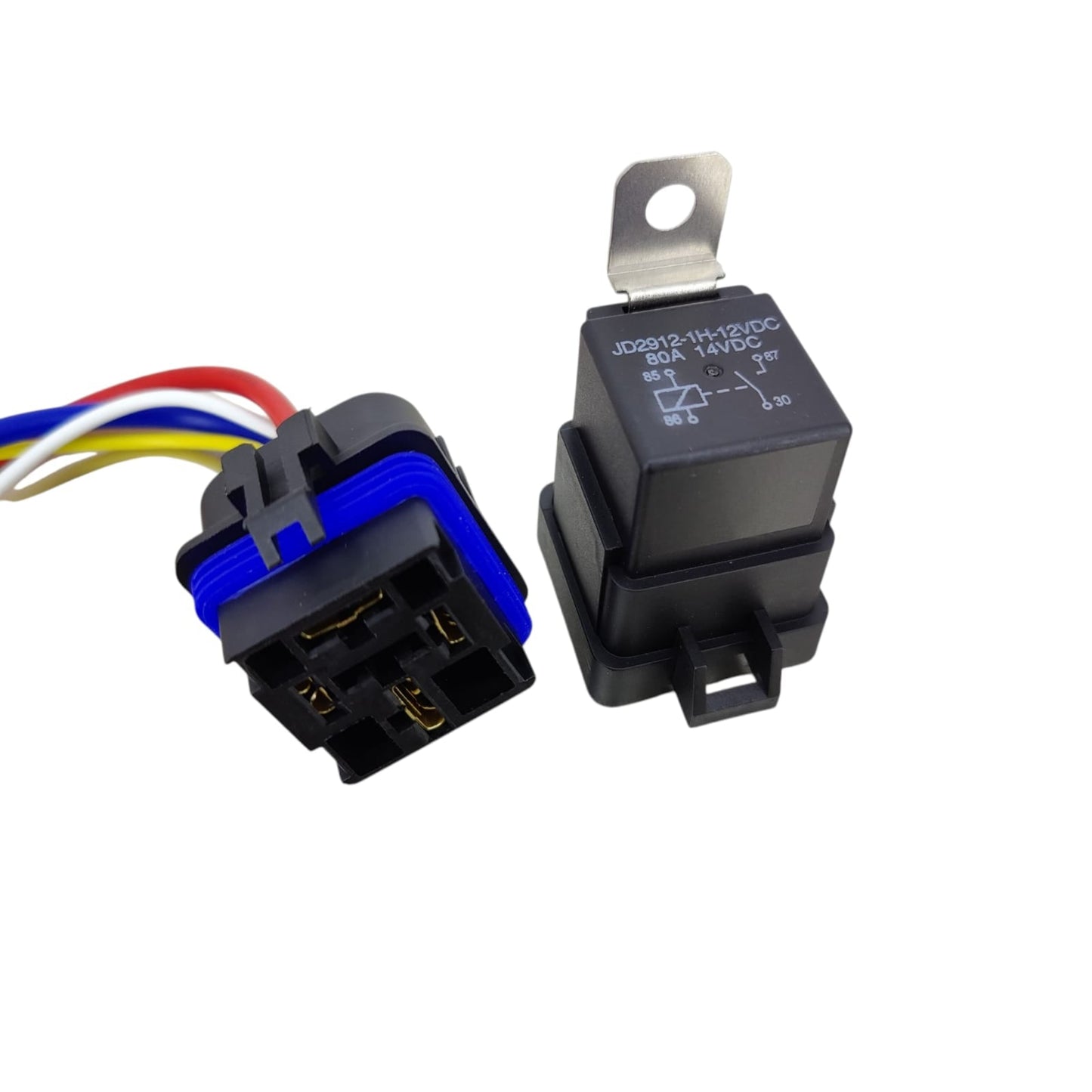 A 12V 80A 4-pin SPST normally open waterproof automotive relay with its pigtail socket.