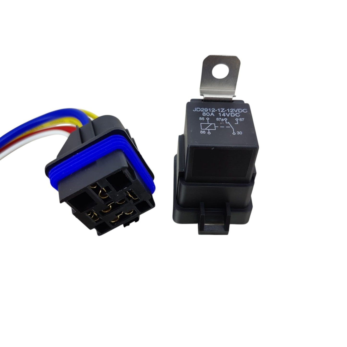 A 12V 80A 5-pin SPDT waterproof automotive relay next to its interlocking wiring harness.