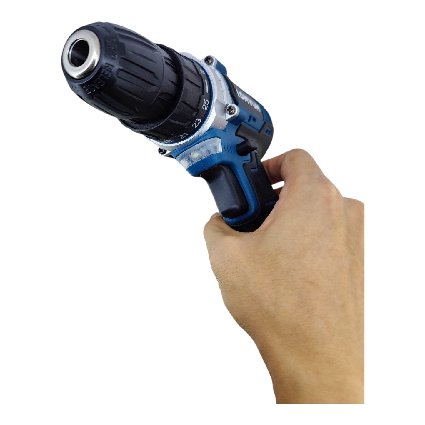 A hand holding the lightweight LOMVUM 12V lithium-ion drill for easy operation.