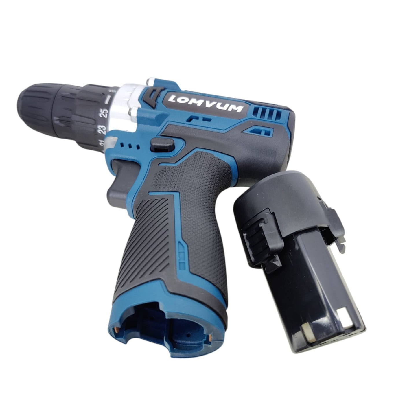 The LOMVUM 12V two-speed drill with its detachable battery and charging port.