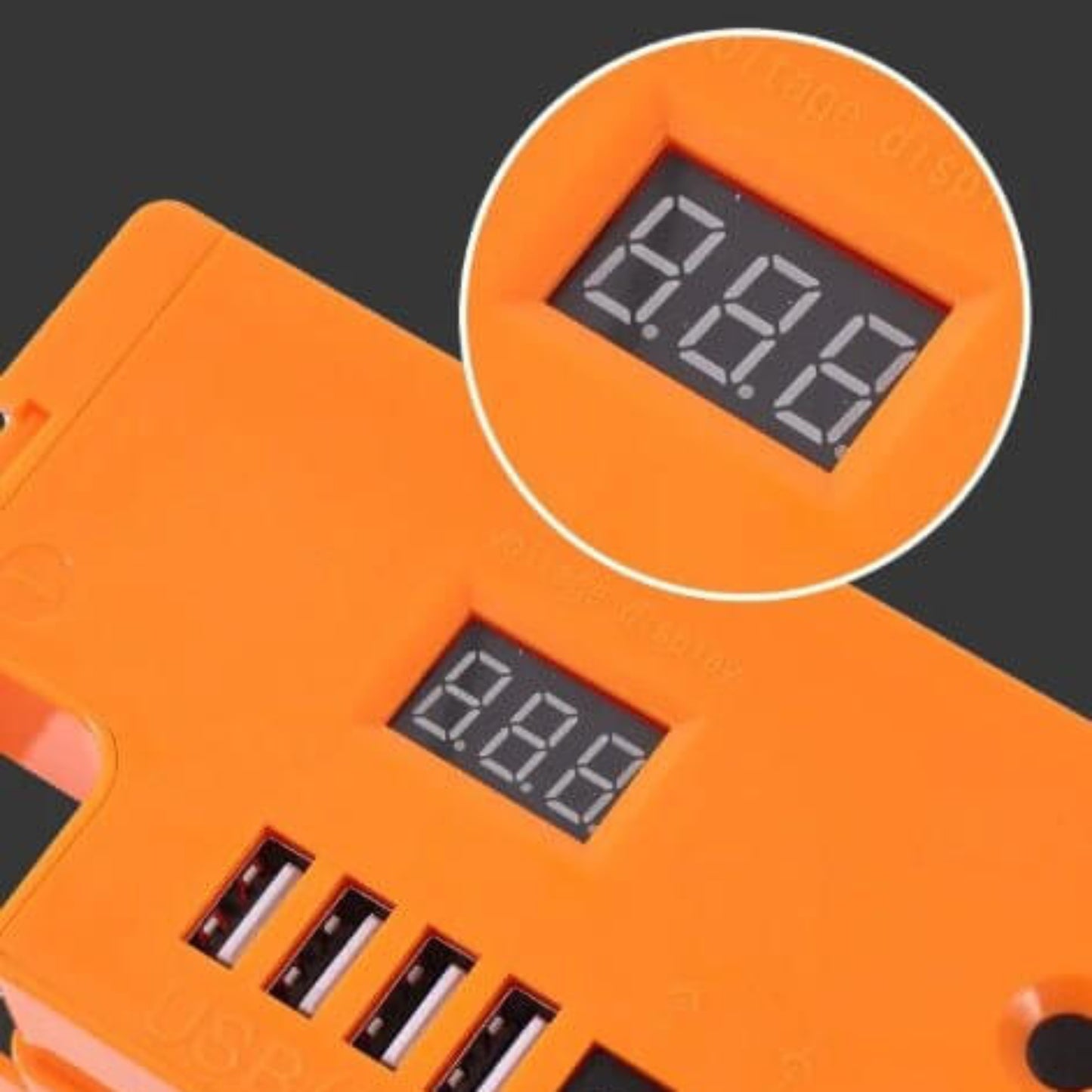 Close-up of 12V Portable Battery Power Bank featuring LED display and USB charging ports in bright orange design.