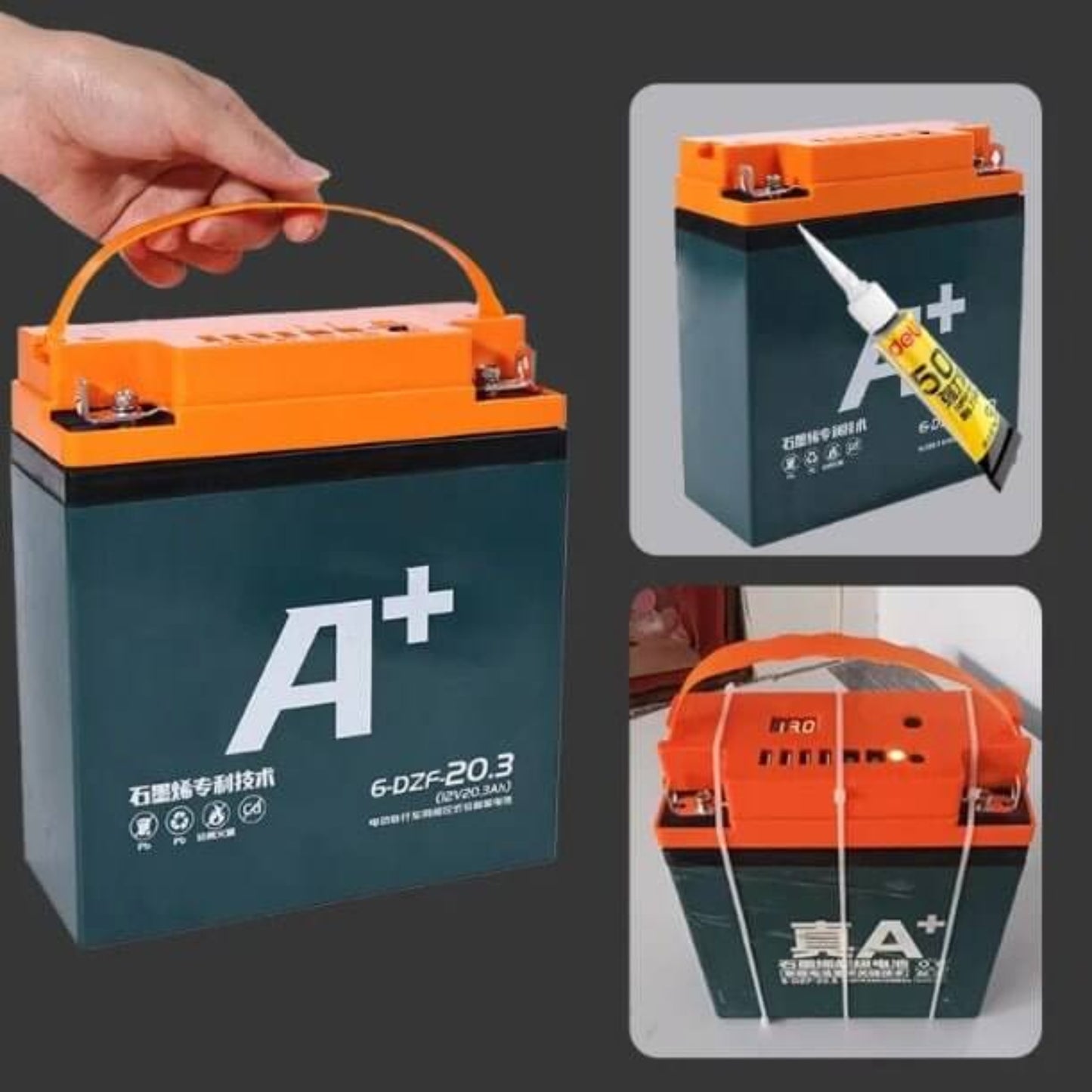 12V lead-acid battery with handle, showcasing maintenance tools and power solution features.