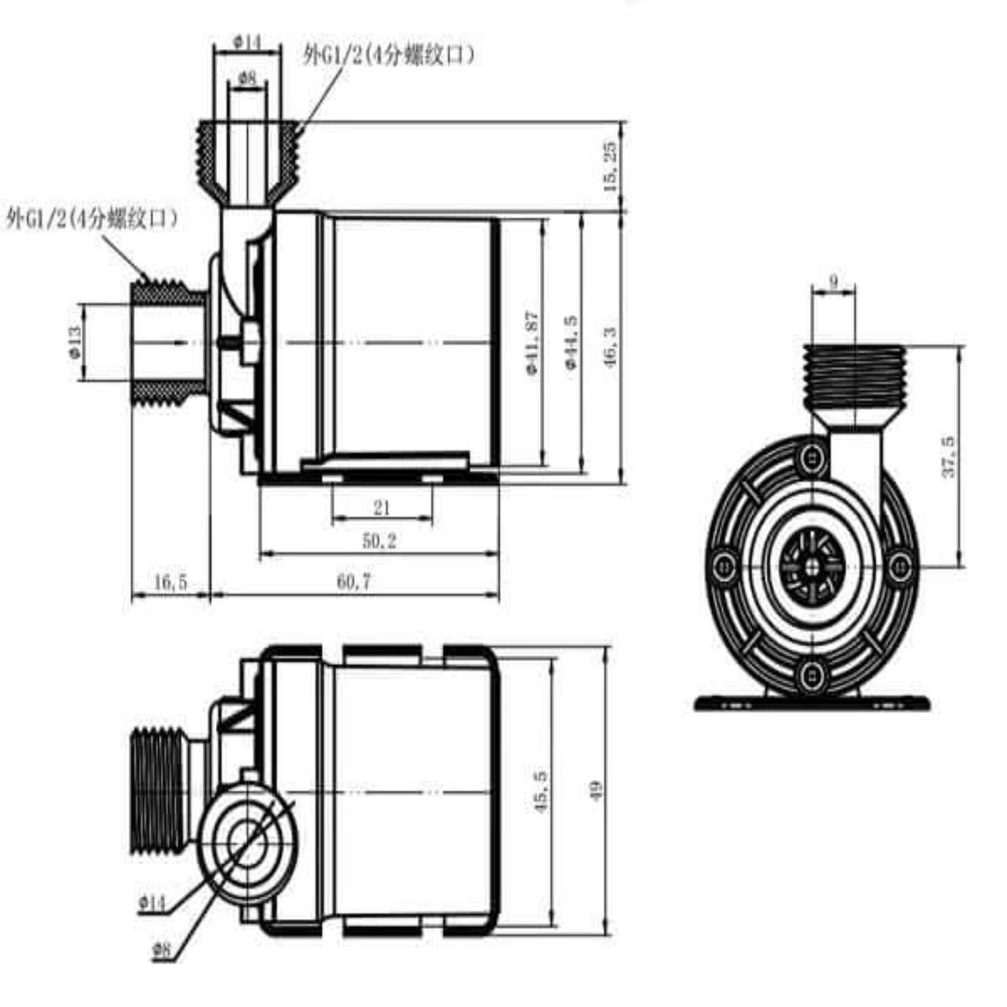 Technical dimensional drawing for the 12V mini DC brushless water pump, Model AW500S.