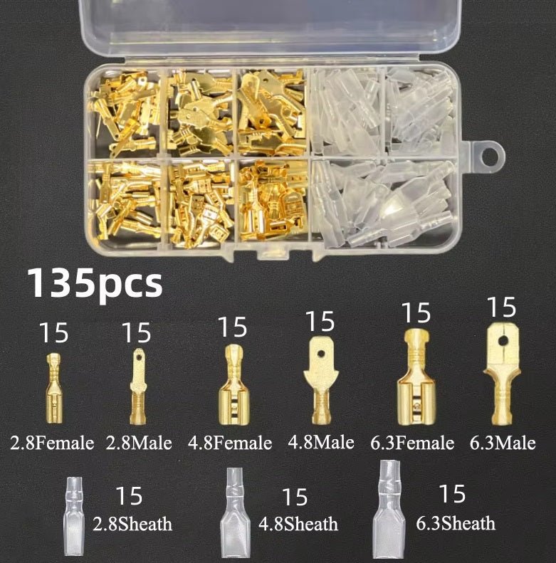 135pcs insulated spade connector kit, including 2.8mm, 4.8mm, and 6.3mm male and female terminals for wiring projects.