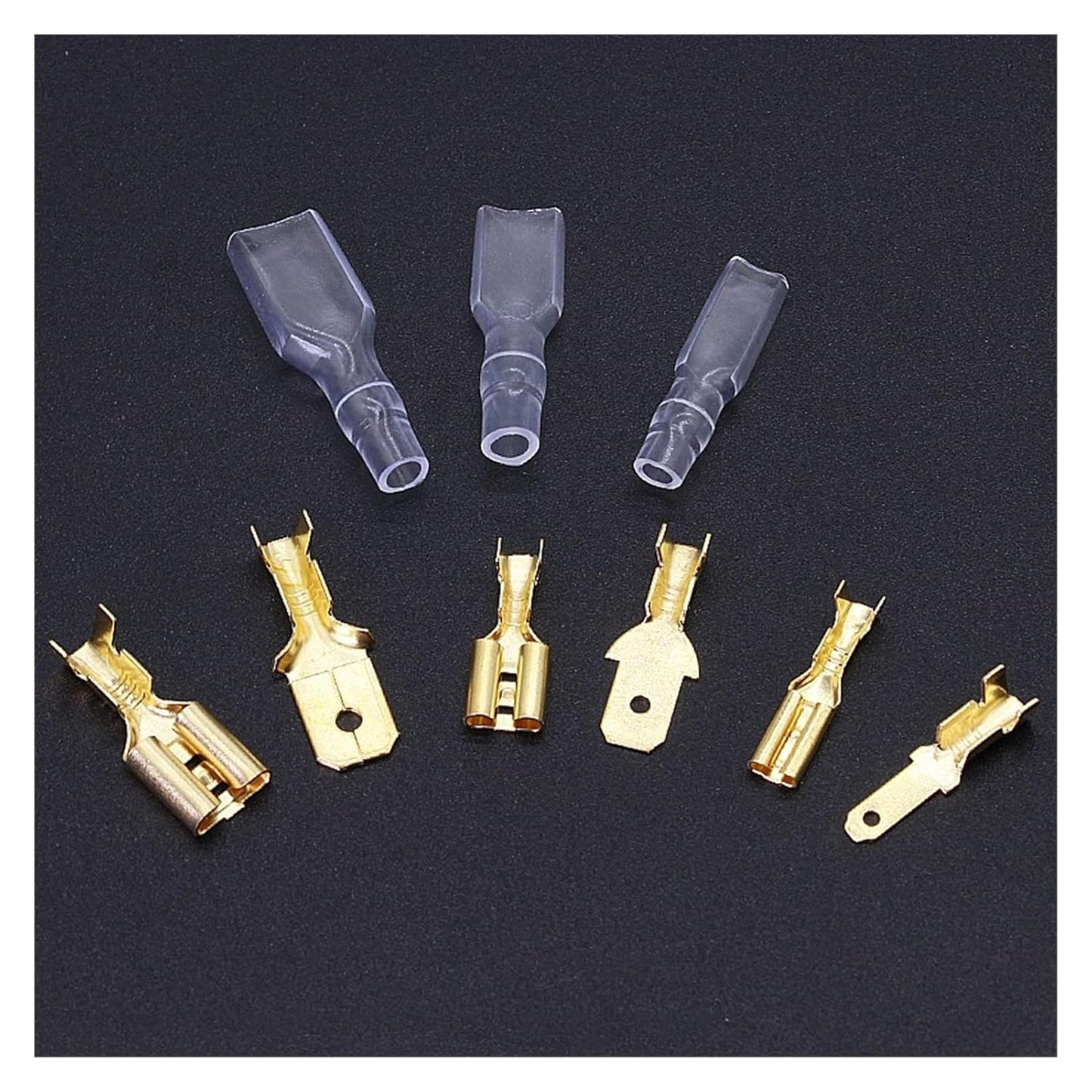 Assorted insulated male and female spade connectors in gold with clear covers, ideal for electrical wiring applications.