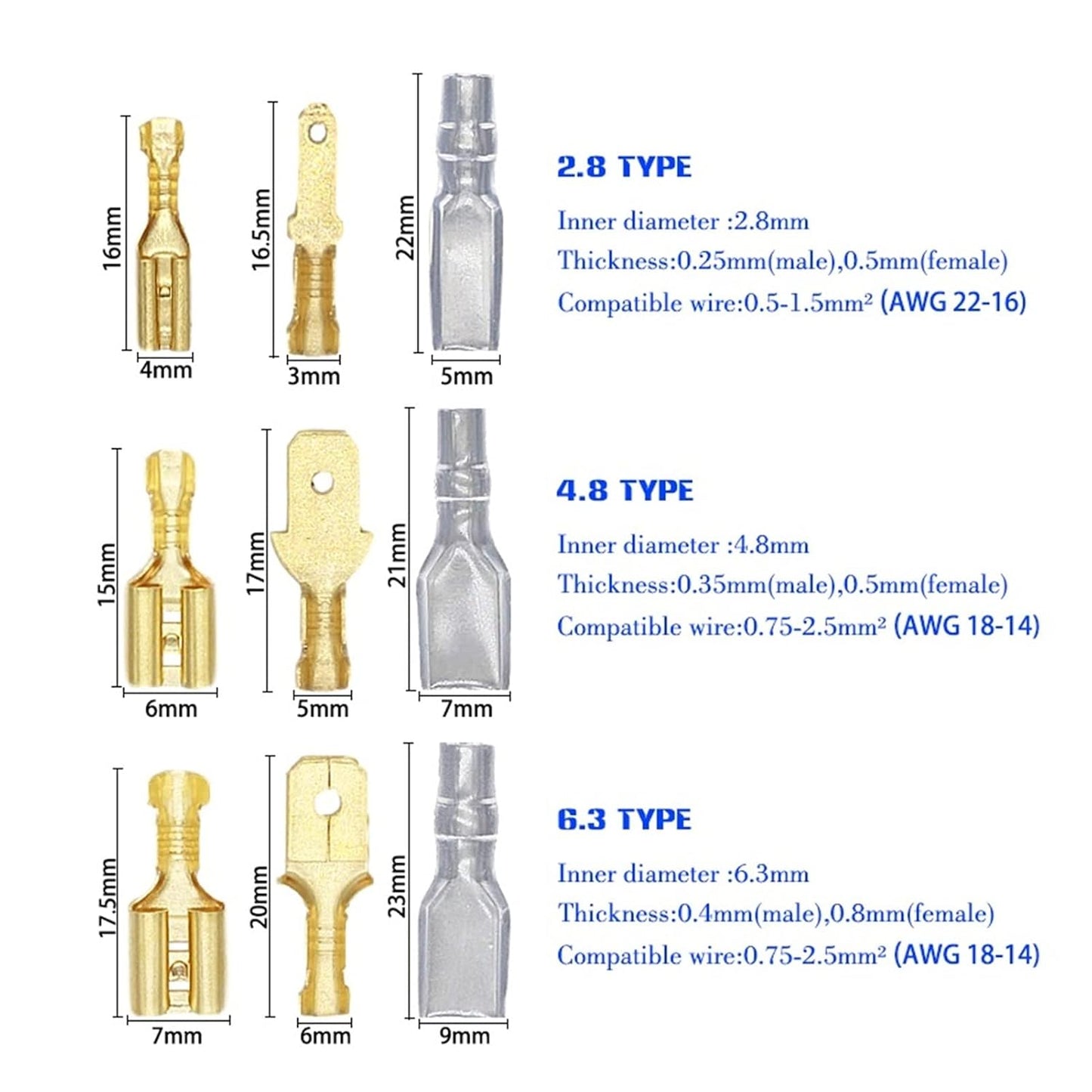 Chart showing specifications of 2.8, 4.8, and 6.3mm insulated spade connectors.