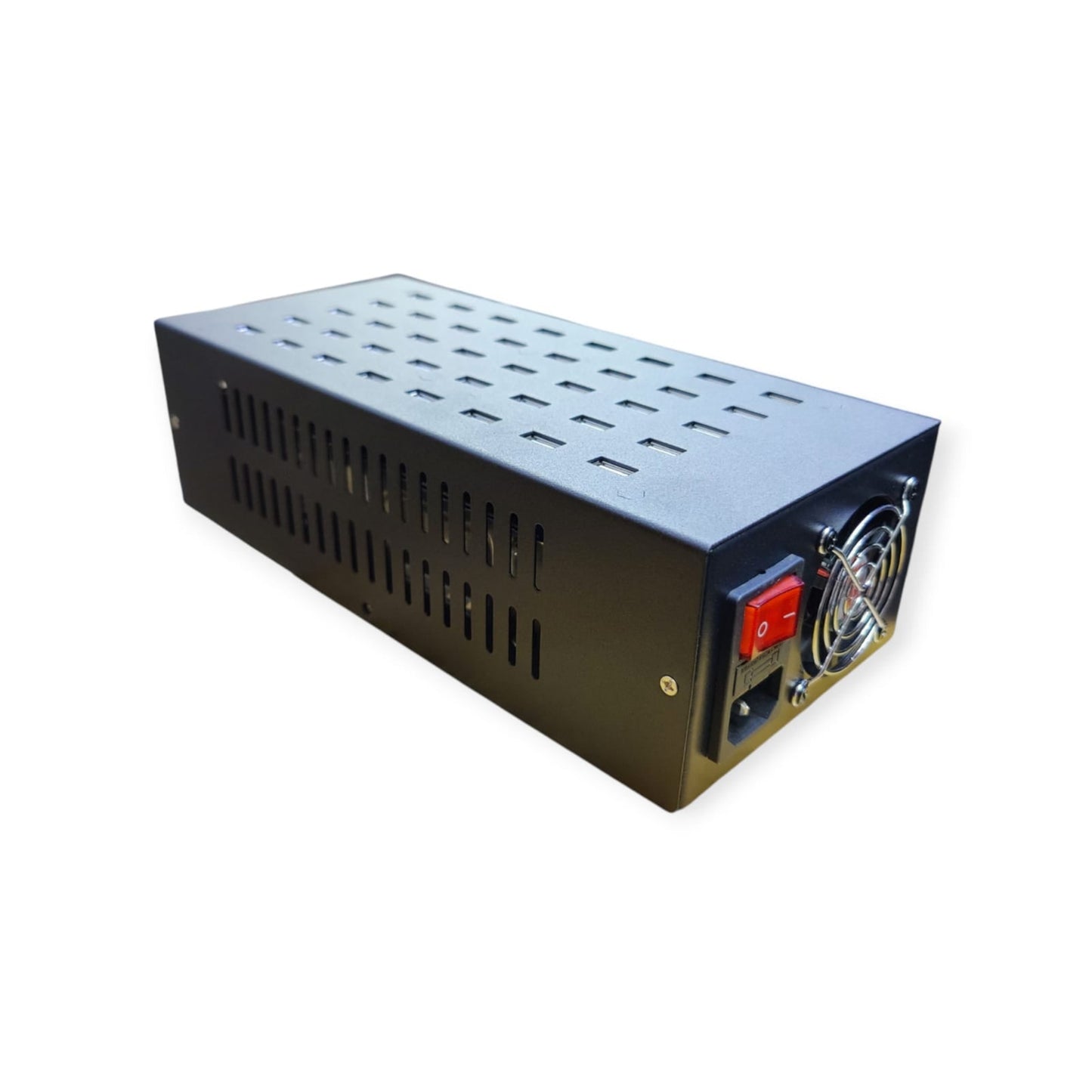 Angled side view of the black 40-port USB charger, showing the power switch, main fan, and side ventilation slots.