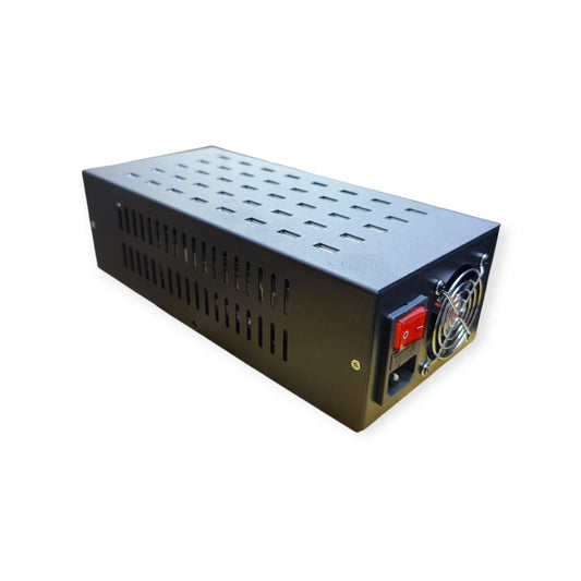 Angled side view of the black 40-port USB charger, showing the power switch, main fan, and side ventilation slots.